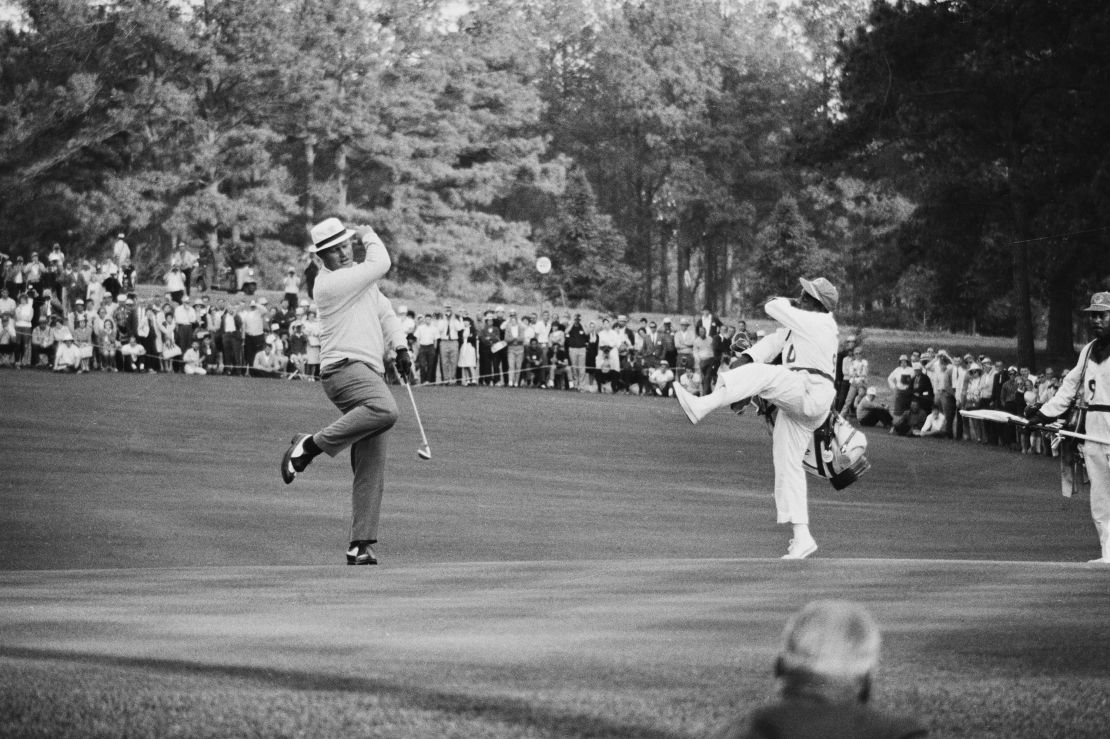 Nicklaus and Peterson celebrate a birdie at the 1966 Masters, a tournament they would go on to win.