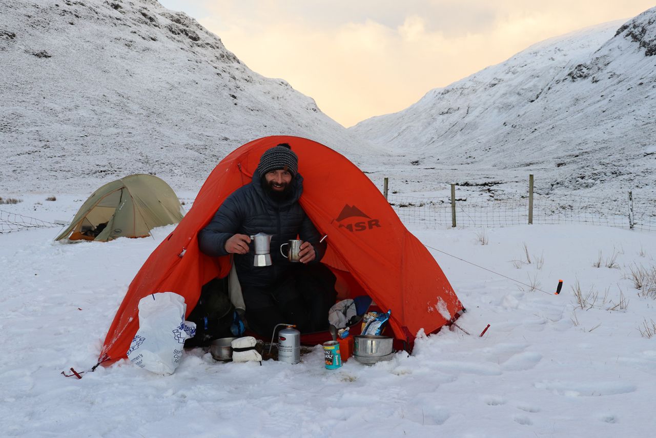 Lewis, seen camping in St Abbs, Scotland, set off on his epic walk back in August 2017.