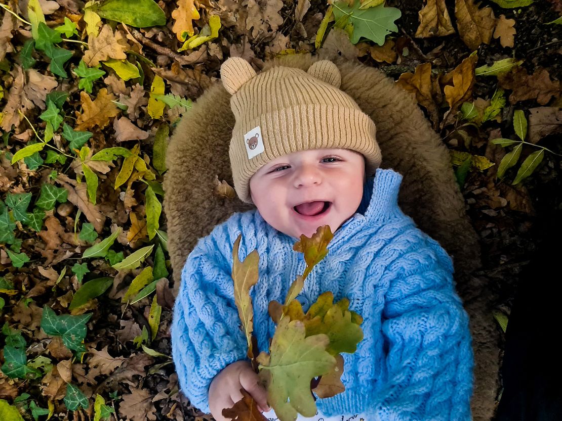 Magnus, seen at five months old, was born in a yurt in Dorset, southwest England.