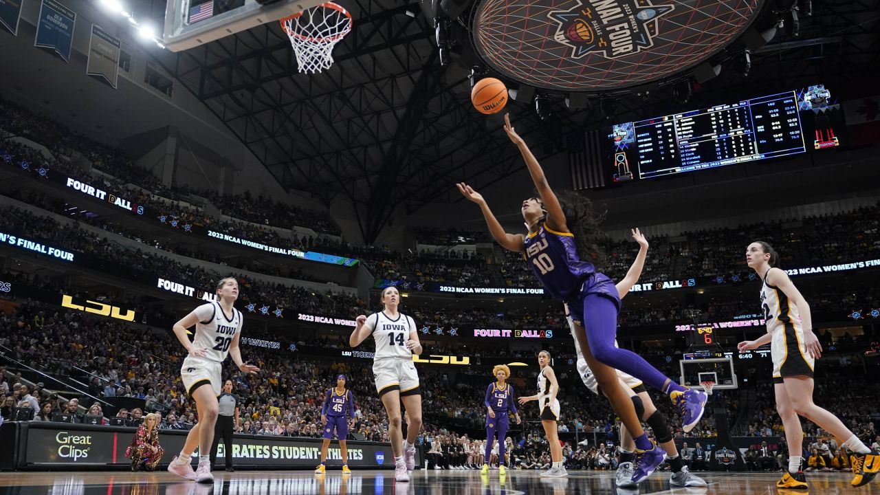 LSU's Angel Reese shoots during the second half of the NCAA Women's Final Four championship basketball game against Iowa Sunday, April 2, 2023, in Dallas. (AP Photo/Darron Cummings)