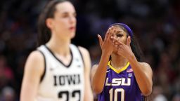 DALLAS, TEXAS - APRIL 02: Angel Reese #10 of the LSU Lady Tigers reacts towards Caitlin Clark #22 of the Iowa Hawkeyes during the fourth quarter during the 2023 NCAA Women's Basketball Tournament championship game at American Airlines Center on April 02, 2023 in Dallas, Texas. (Photo by Maddie Meyer/Getty Images)