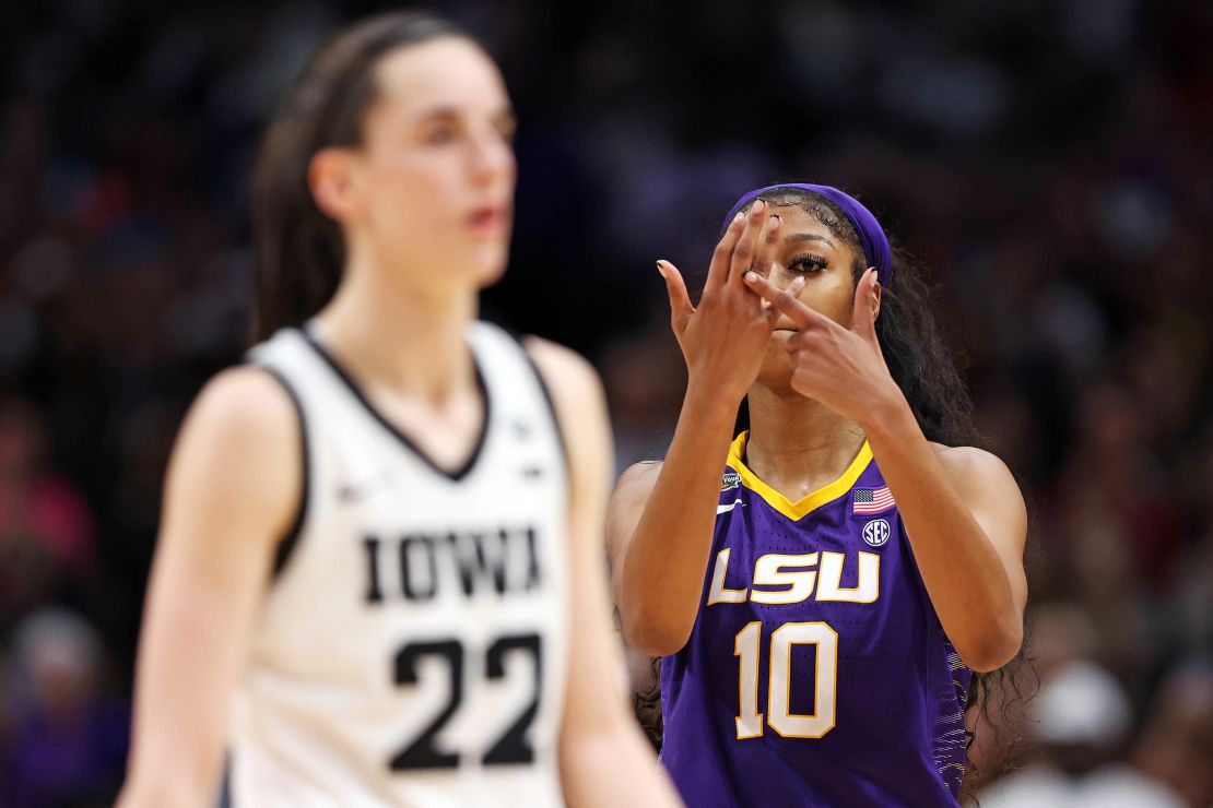 Reese makes a gesture towards Caitlin Clark of the Iowa Hawkeyes.