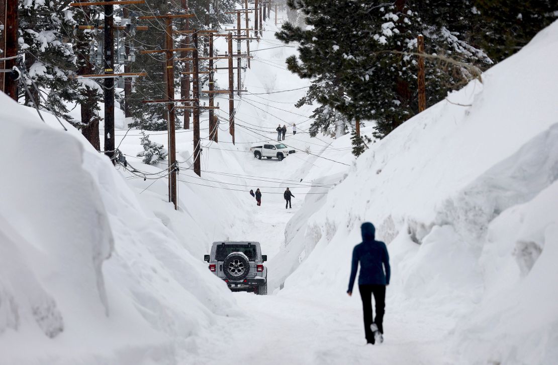Massive snowbanks line the roads in Mammoth Lakes, California, on March 29.