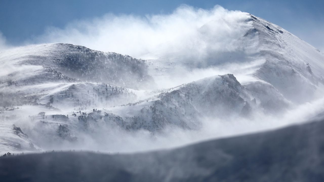 Snow blows across mountain tops March 29 near Mammoth Lakes, California.