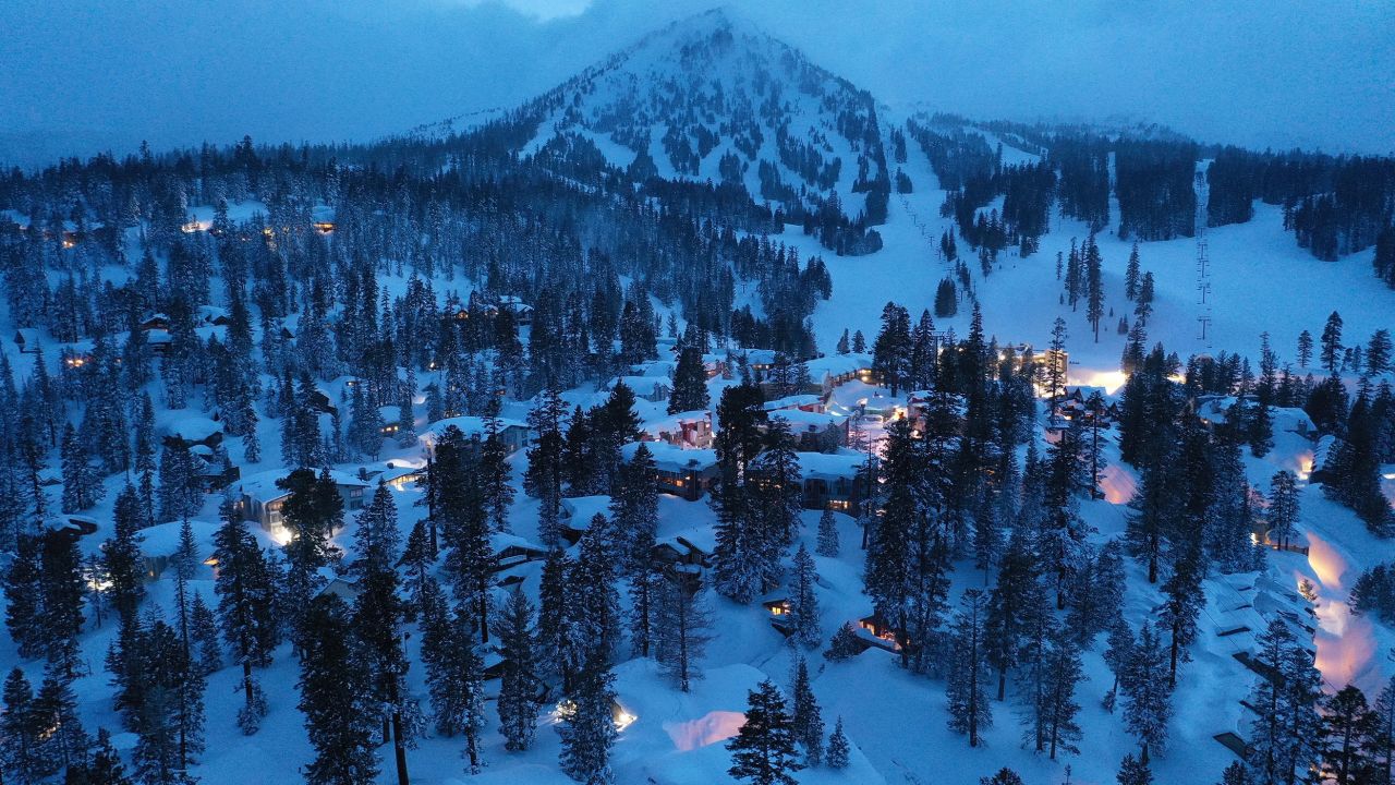 Snow blankets the Sierra Nevada mountains on March 29 in Mammoth Lakes, California.