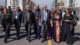 HDP Co-Chair Mithat Sancar, Kurdish politician Ahmet Türk, HDP Deputy Bedran Ozturk and the wife of imprisoned Kurdish politician Selahattin Demirtas, Baak Demirtas during a Nowruz celebration in Diyarbakir, Turkey, on March 21.