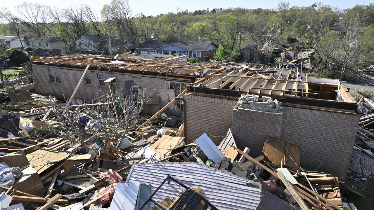 A view of the area after the tornado caused severe damage in Little Rock, Arkansas.