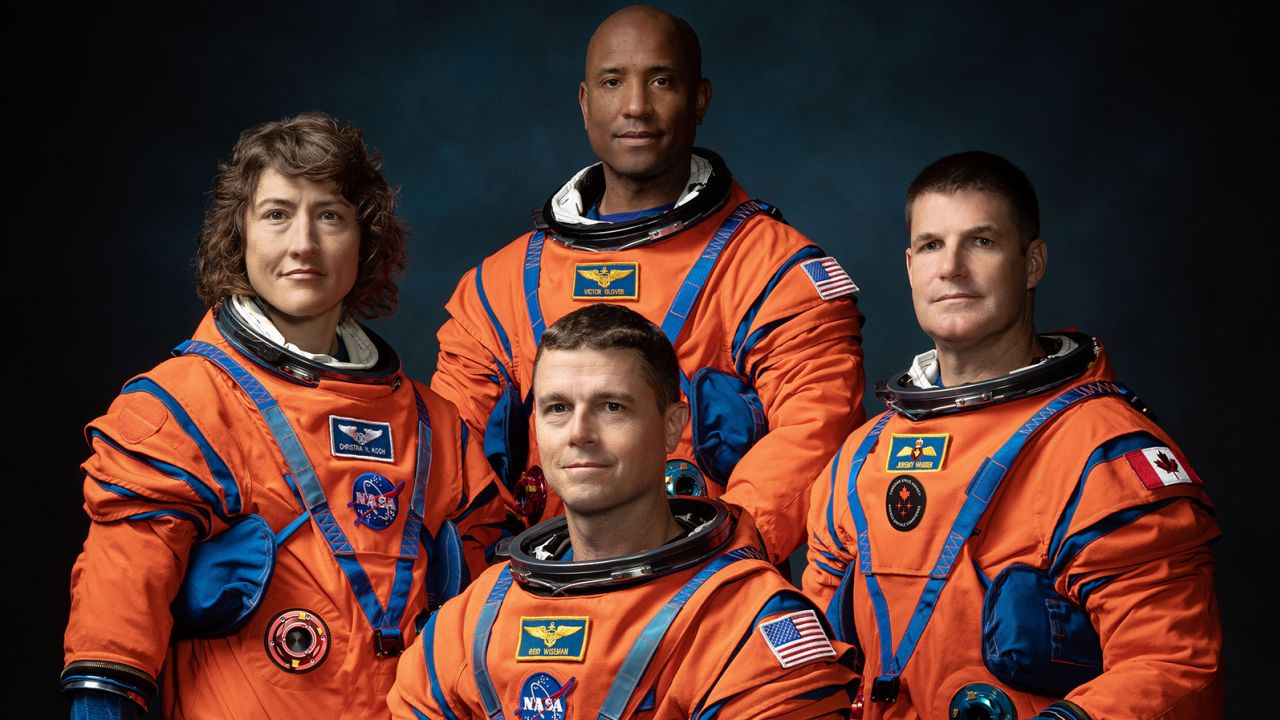 Artemis II lunar flyby mission crew members include (from left): NASA astronauts Christina Koch, Victor Glover, Reid Wiseman (foreground) and Canadian Space Agency astronaut Jeremy Hansen.