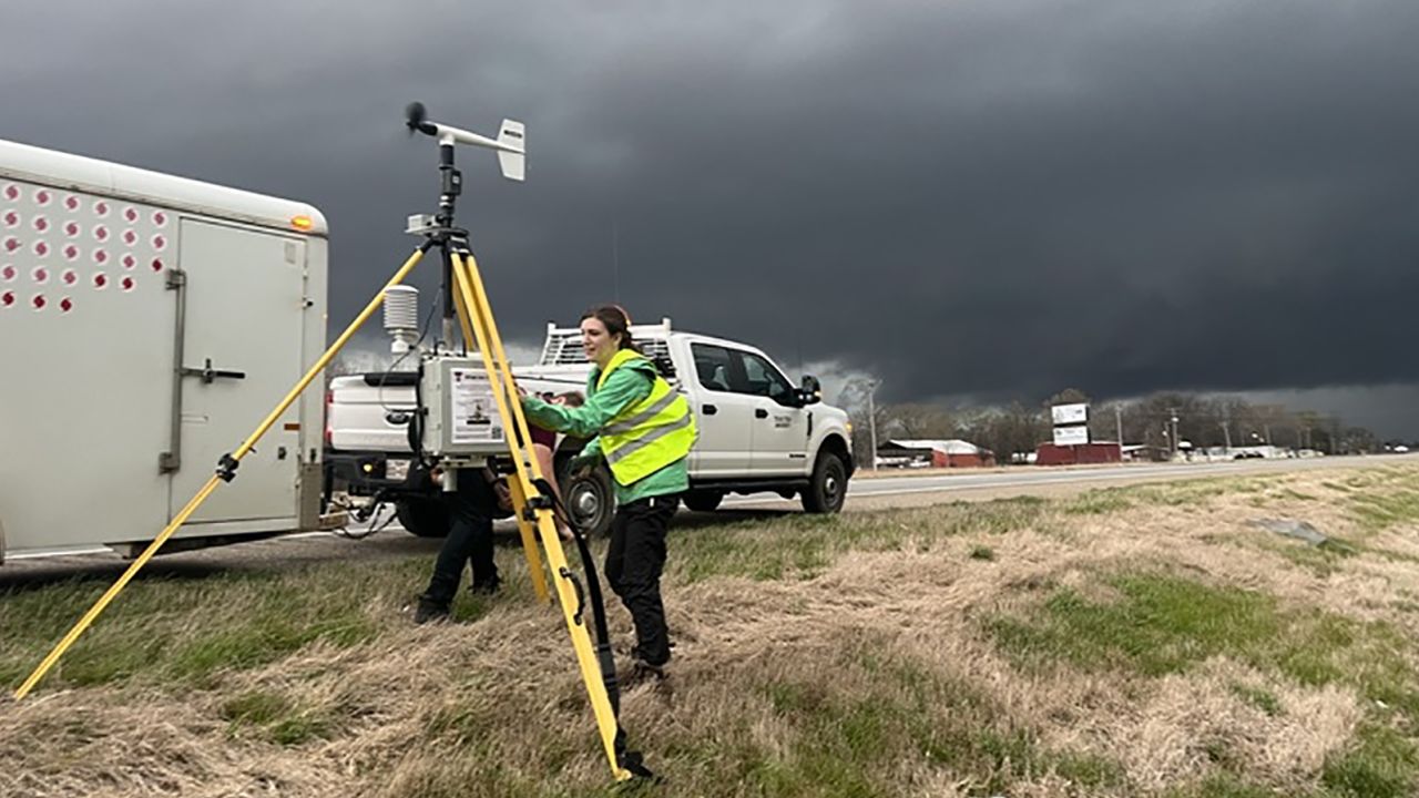 Scientist deploy a sticknet ahead of an incoming storm. March 24, 2023 in Lake Village, AR.