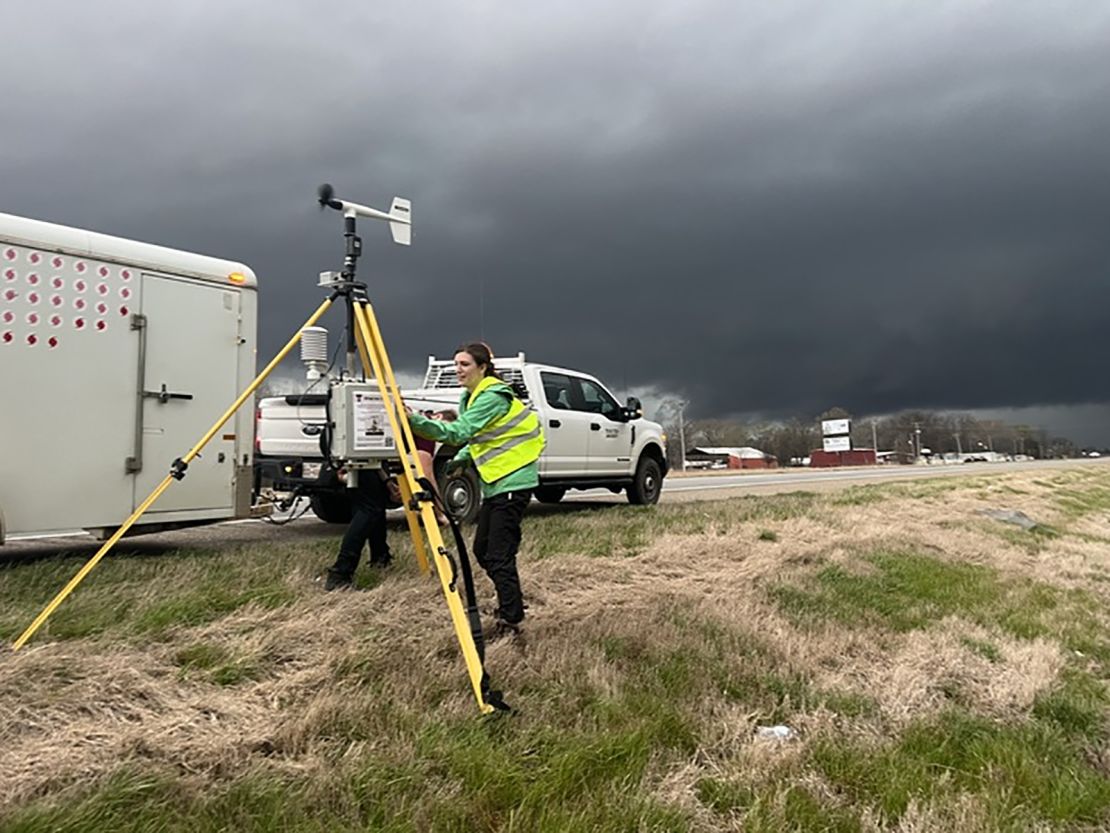 Scientist deploy a sticknet ahead of an incoming storm. March 24, 2023 in Lake Village, AR.