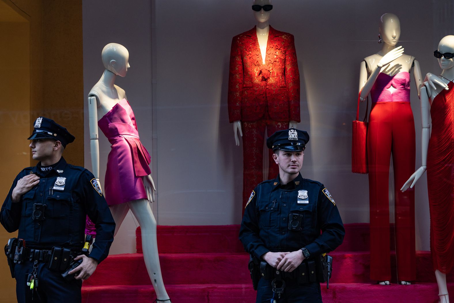 New York police officers stand near Trump Tower on April 3.