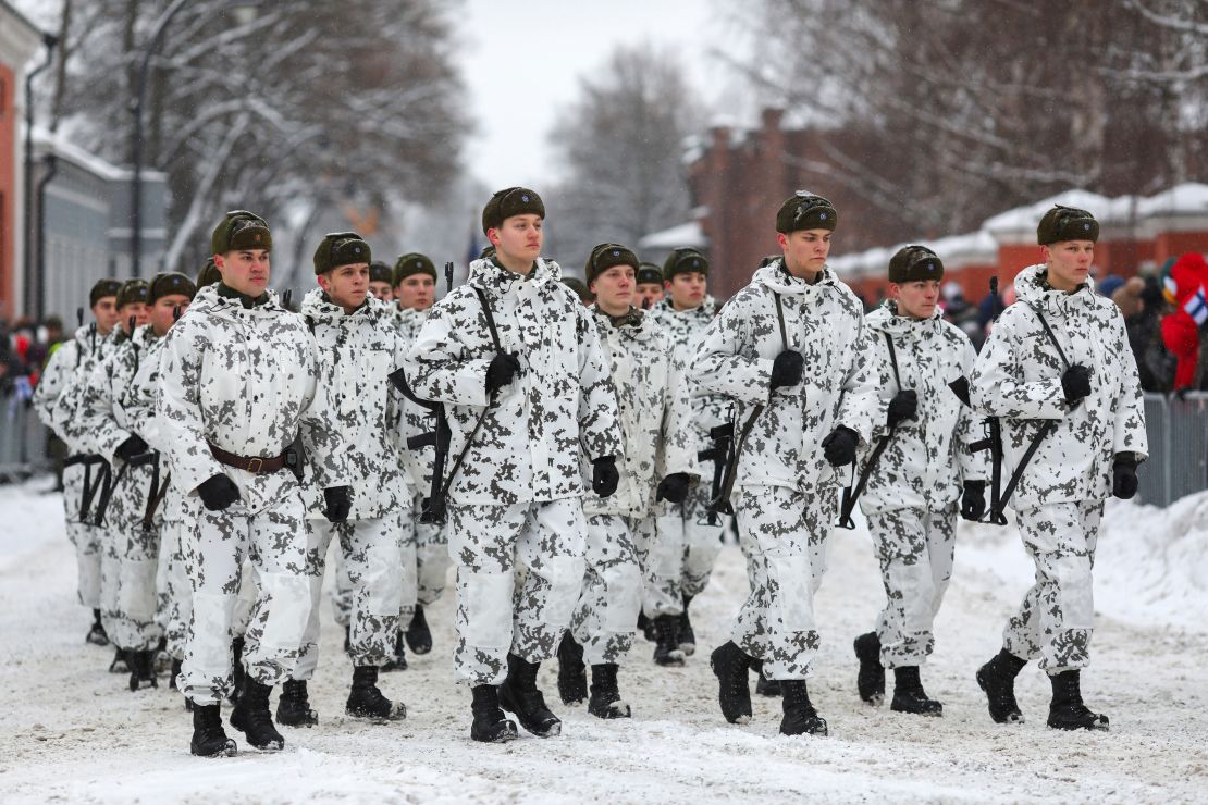 Soliders from the Finnish Armed Forces march during the Independence Day parade in Hamina city in December 2022. 