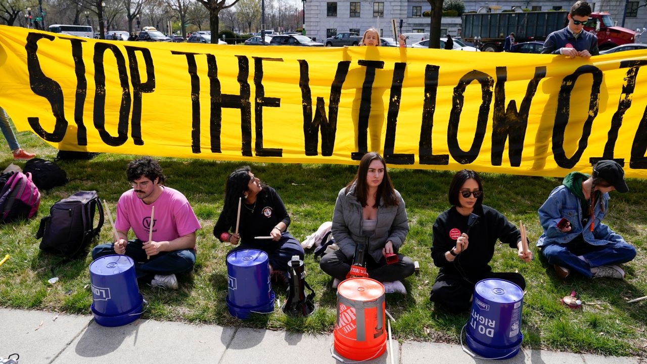 Demonstraters protest against the Biden administration's approval of the Willow oil-drilling project on March 21. 