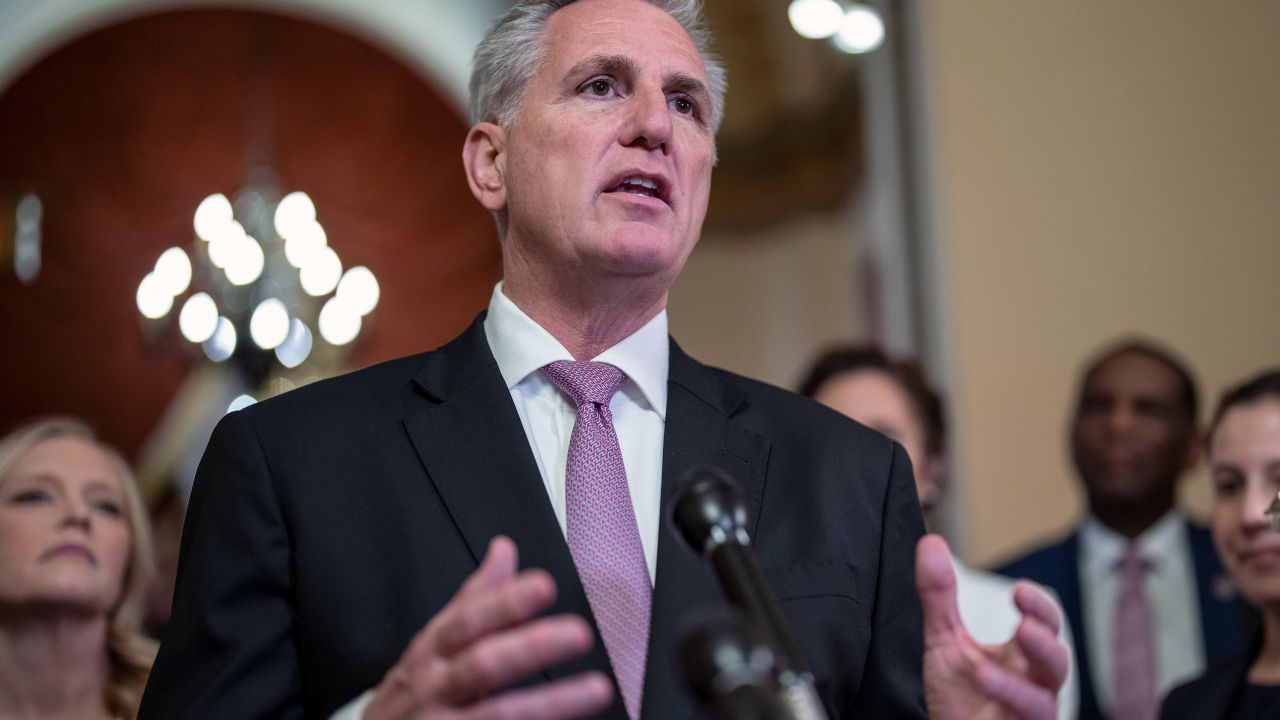 House Speaker Kevin McCarthy talks to reporters at the Capitol in Washington on March 24, 2023.
