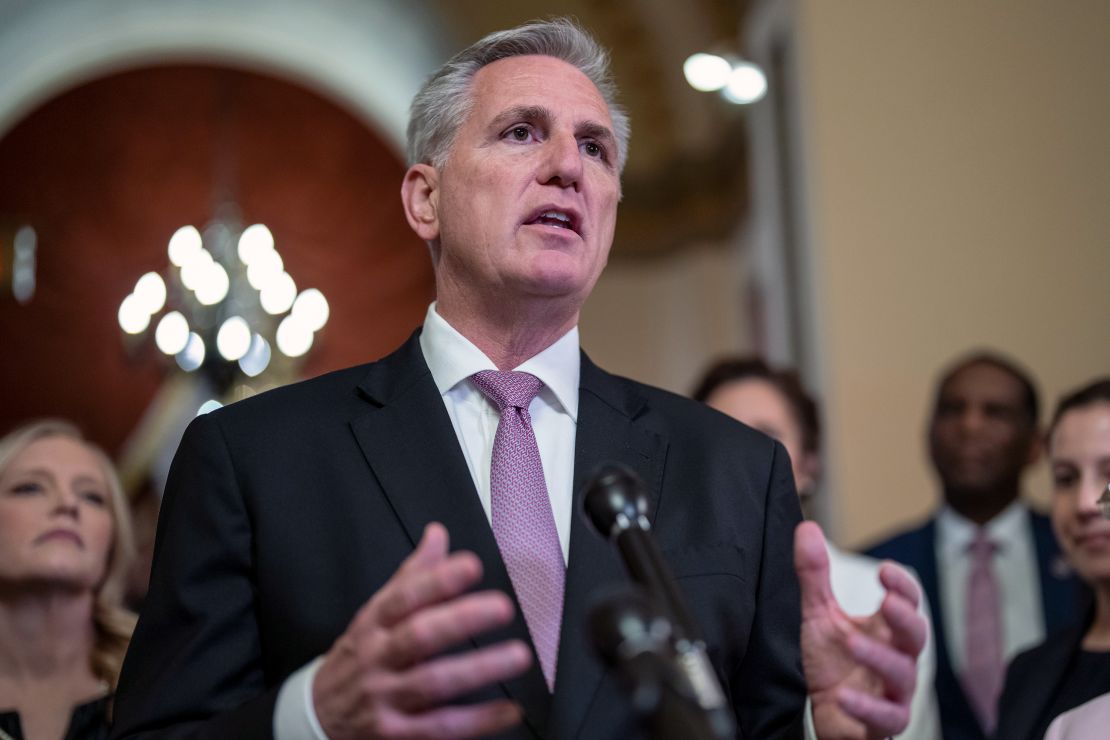 House Speaker Kevin McCarthy talks to reporters at the Capitol in Washington on March 24, 2023.
