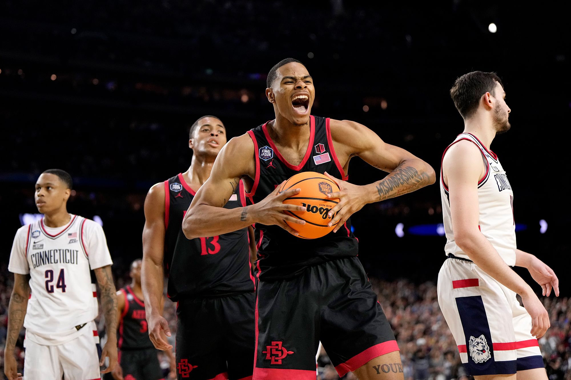 San Diego State's Keshad Johnson celebrates after scoring.