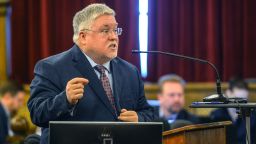 West Virginia Attorney General Patrick Morrisey presents opening arguments on the first day of the trial against opioid drug manufacturers on April 4, 2022, in Charleston, West Virginia.