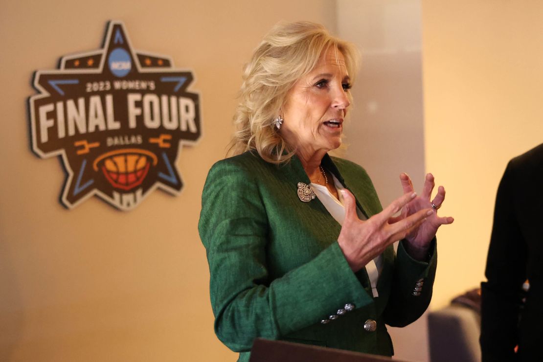 Jill Biden talks with guests during the 2023 NCAA women's basketball tournament national championship.