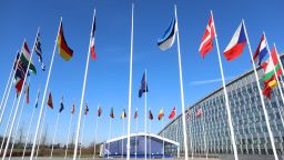 A photo shows the empty mast ahead of a flag-raising ceremony for Finland's accession to NATO, in the Cour d'Honneur of the NATO headquarters in Brussels, on April 4, 2023. - Finland becomes the 31st member of NATO on April 4, in a historic strategic shift provoked by Moscow's war on Ukraine, which doubles the US-led alliance's border with Russia. (Photo by Kenzo TRIBOUILLARD / AFP) (Photo by KENZO TRIBOUILLARD/AFP via Getty Images)