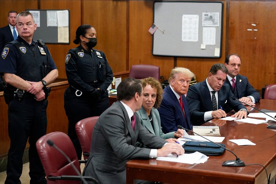 Trump sits with his defense team at his arraignment in New York in April 2023. The former president <a href=