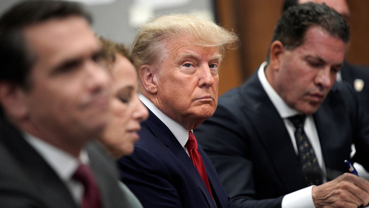 Former President Donald Trump appears in court with members of his legal team for an arraignment on charges stemming from his indictment by a Manhattan grand jury following a probe into hush money paid to porn star Stormy Daniels in New York City on April 4, 2023.