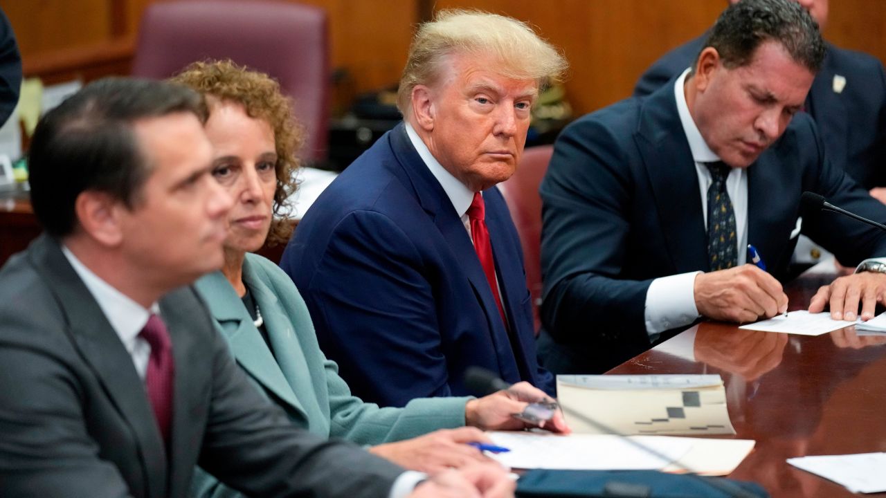 Former President Donald Trump sits at the defense table with his defense team in a Manhattan court, Tuesday, April 4, 2023, in New York. 