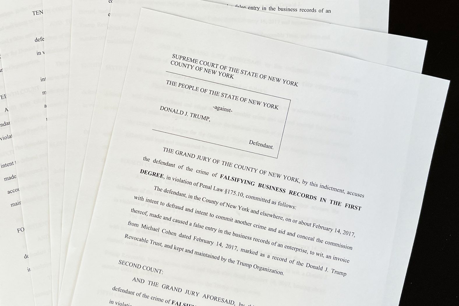 A copy of the <a href="https://www.cnn.com/2023/04/04/politics/read-trump-indictment-file/index.html" target="_blank">unsealed indictment</a> is displayed on April 4. Trump was charged with 34 felony counts.