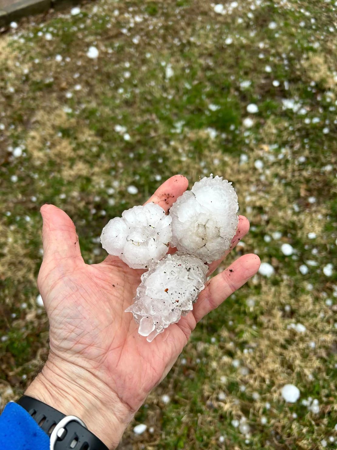 A man holds large hail in Davenport, Iowa, which saw hail as large as softballs in some cases.