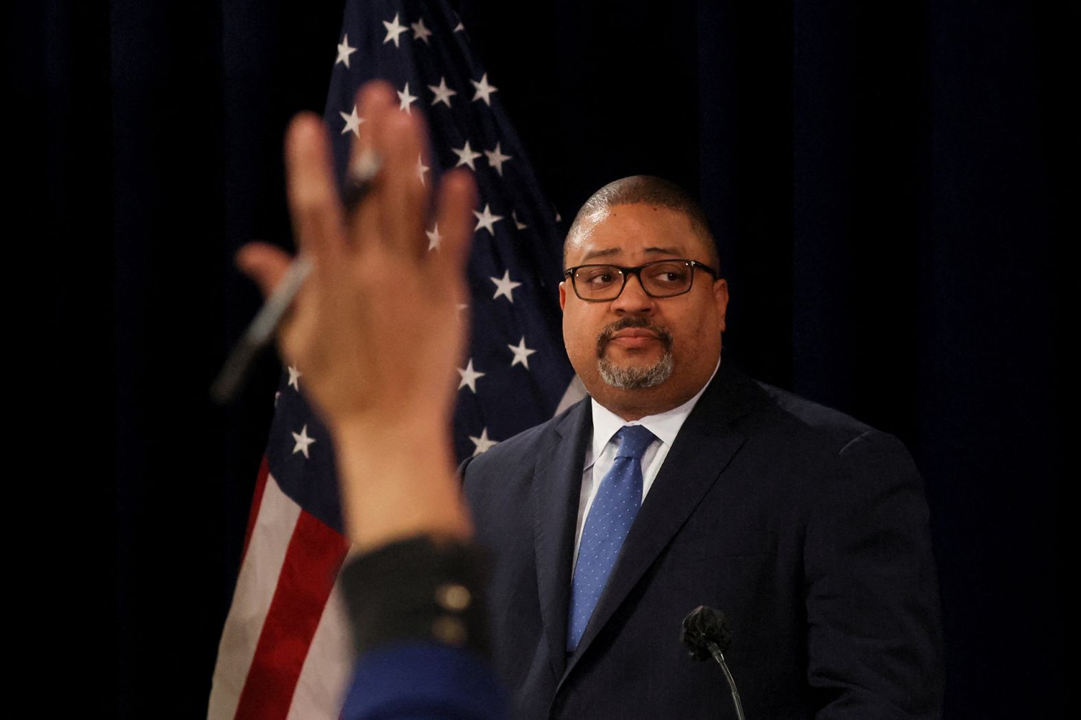 Manhattan District Attorney Alvin Bragg speaks during a news conference on April 4, 2023. He said "the evidence will show" Trump <a href="index.php?page=&url=https%3A%2F%2Fwww.cnn.com%2Fpolitics%2Flive-news%2Ftrump-new-york-court-arraignment-04-04-23%2Fh_a5a768701168dd2b113c6964d6f61bae" target="_blank">made false statements</a> "to cover up crimes relating to the 2016 election."