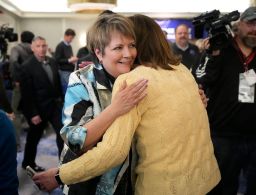 Janet Protasiewicz greets supporters during her election night watch party in Milwaukee  on Tuesday, April 4, 2023. 