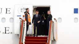 French President Emmanuel Macron arrives at Beijing Capital International Airport on April 5, 2023.