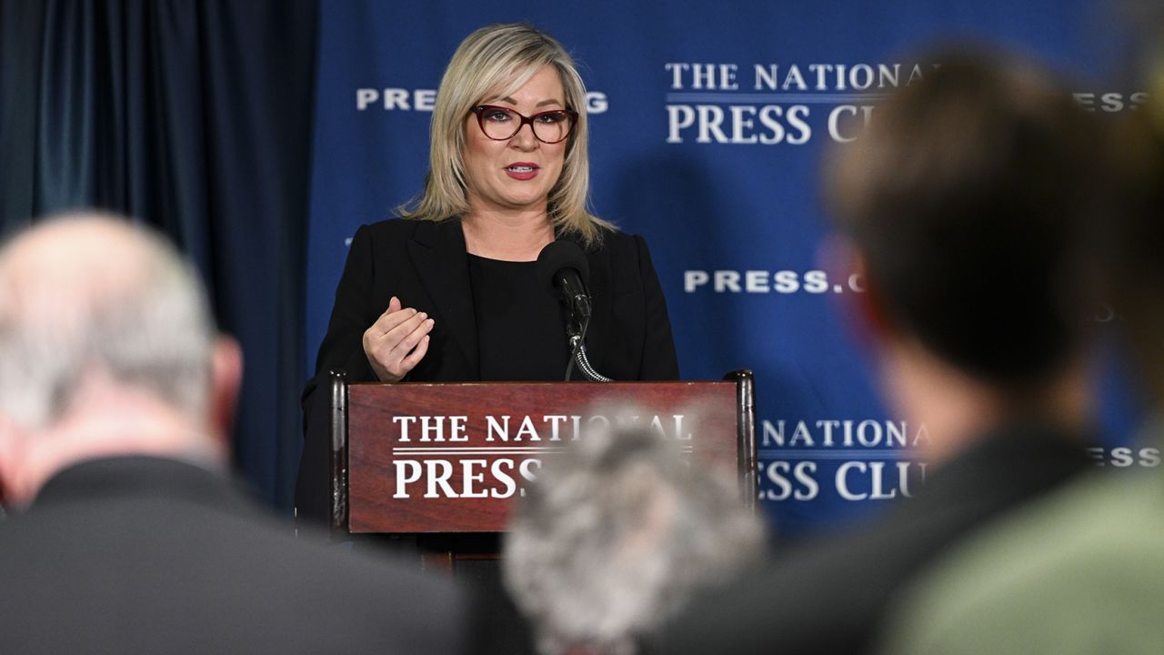 Northern Ireland's First Minister-elect and Sinn Fein vice president Michelle O'Neill speaks at the National Press Club in Washington D.C., United States on March 16, 2023. 