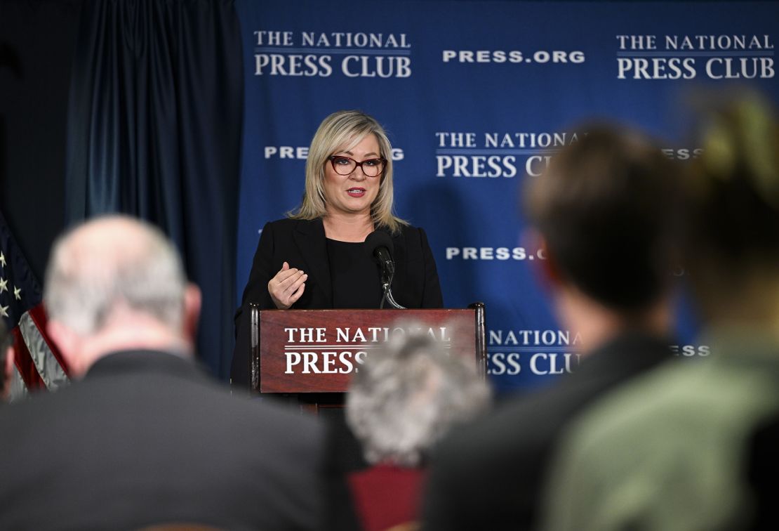 Northern Ireland's First Minister-elect and Sinn Fein vice president Michelle O'Neill speaks at the National Press Club in Washington D.C., United States on March 16, 2023. 