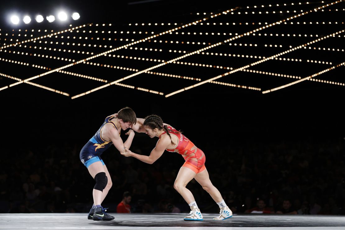 Maroulis (in red) competes against Alexandra Hedrick at Madison Square Garden on June 8, 2022.