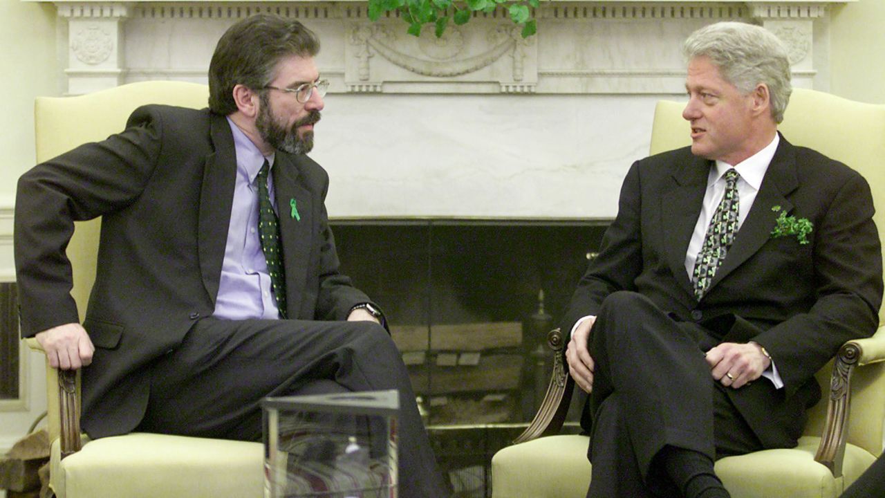 Bill Clinton meets with former Sinn Fein leader Gerry Adams in the Oval Office of the White House on St. Patrick's Day in Washington D.C., March 17, 2000.  