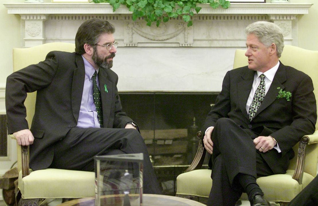 Bill Clinton meets with former Sinn Fein leader Gerry Adams in the Oval Office of the White House on St. Patrick's Day in Washington D.C., March 17, 2000.  