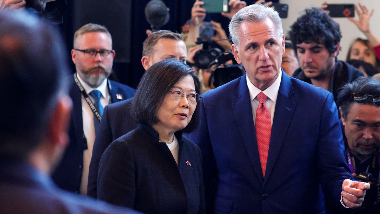 Taiwan's President Tsai Ing-wen meets the US Speaker of the House Kevin McCarthy at the Ronald Reagan Presidential Library in Simi Valley, California on April 5.