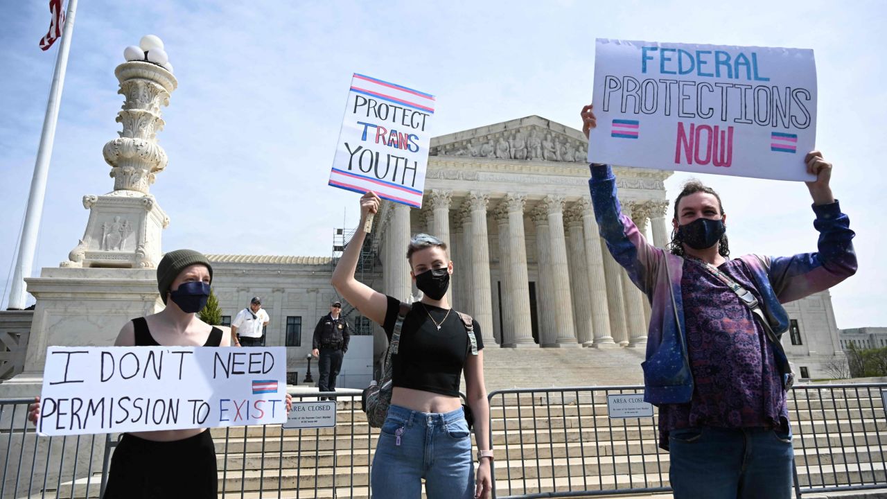 Activists for transgender rights gather in front of the US Supreme Court in Washington, DC, in April. Photo by ANDREW CABALLERO-REYNOLDS/AFP via Getty Images