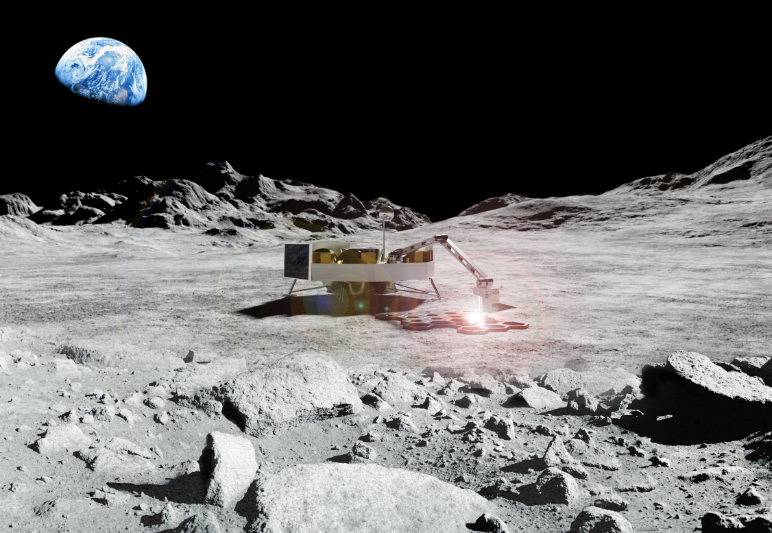 Ballard said ICON is trialing parts of its system in a vacuum, and will conduct tests in simulated lunar gravity next, ahead of testing on the moon in 2026 or 2027 (concept rendering pictured). On the moon, horizontal surfaces like roads and landing pads will be created first, before vertical print tests commence, which could enable the construction of hangars and habitats.