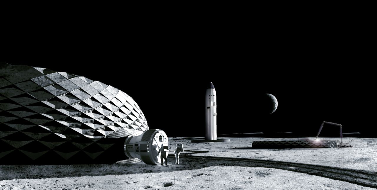 Project Olympus is ICON's off-world construction initiative, originating as a collaboration with BIG. Renderings, including this one, were released in 2020, and last year the company was awarded a $57 million contract by NASA to develop its system. ICON is experimenting with printing using lunar regolith (moon dust), melting it with a laser to create a ceramic-like material.