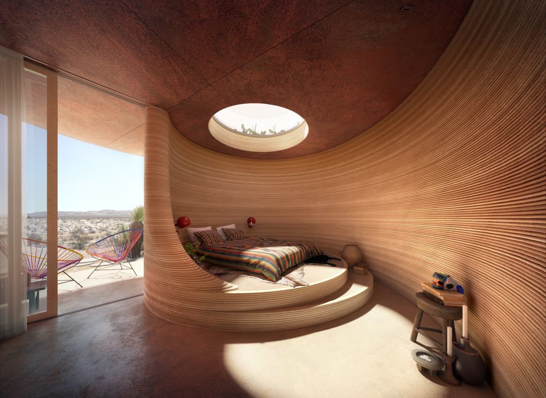 The hotel's guest room concepts lean into the complex shapes ICON can create with its printing system. "My old joke is we can print you a house in the shape of a Fibonacci spiral," said Ballard. "Of course, if you want the square, we can do the square too."