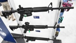 Smith & Wesson M&P-15 semi-automatic rifles of the AR-15 style are displayed during the National Rifle Association (NRA) annual meeting at the George R. Brown Convention Center, in Houston, Texas on May 28, 2022. - America's powerful National Rifle Association kicked off a major convention in Houston Friday, days after the horrific massacre of children at a Texas elementary school, but a string of high-profile no-shows underscored deep unease at the timing of the gun lobby event. (Photo by Patrick T. FALLON / AFP) (Photo by PATRICK T. FALLON/AFP via Getty Images)