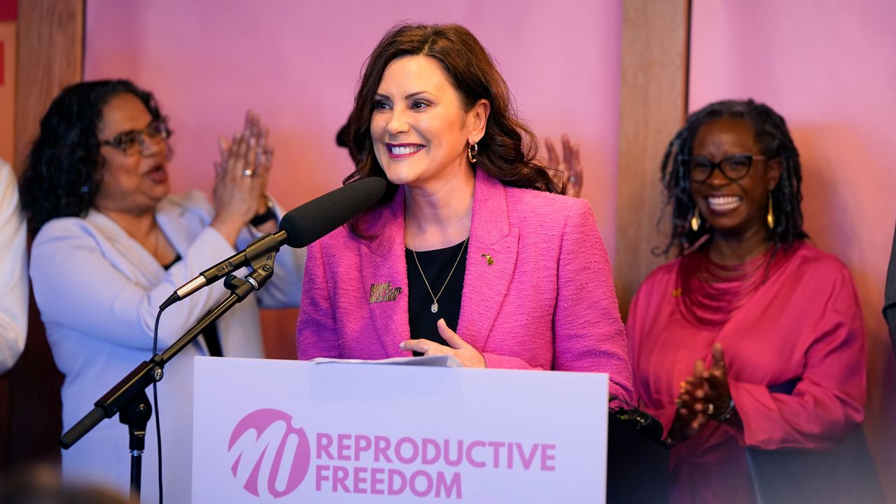 Michigan Gov. Gretchen Whitmer addresses supporters before signing legislation to repeal the 1931 abortion ban on Wednesday, April 5, 2023, in Birmingham.
