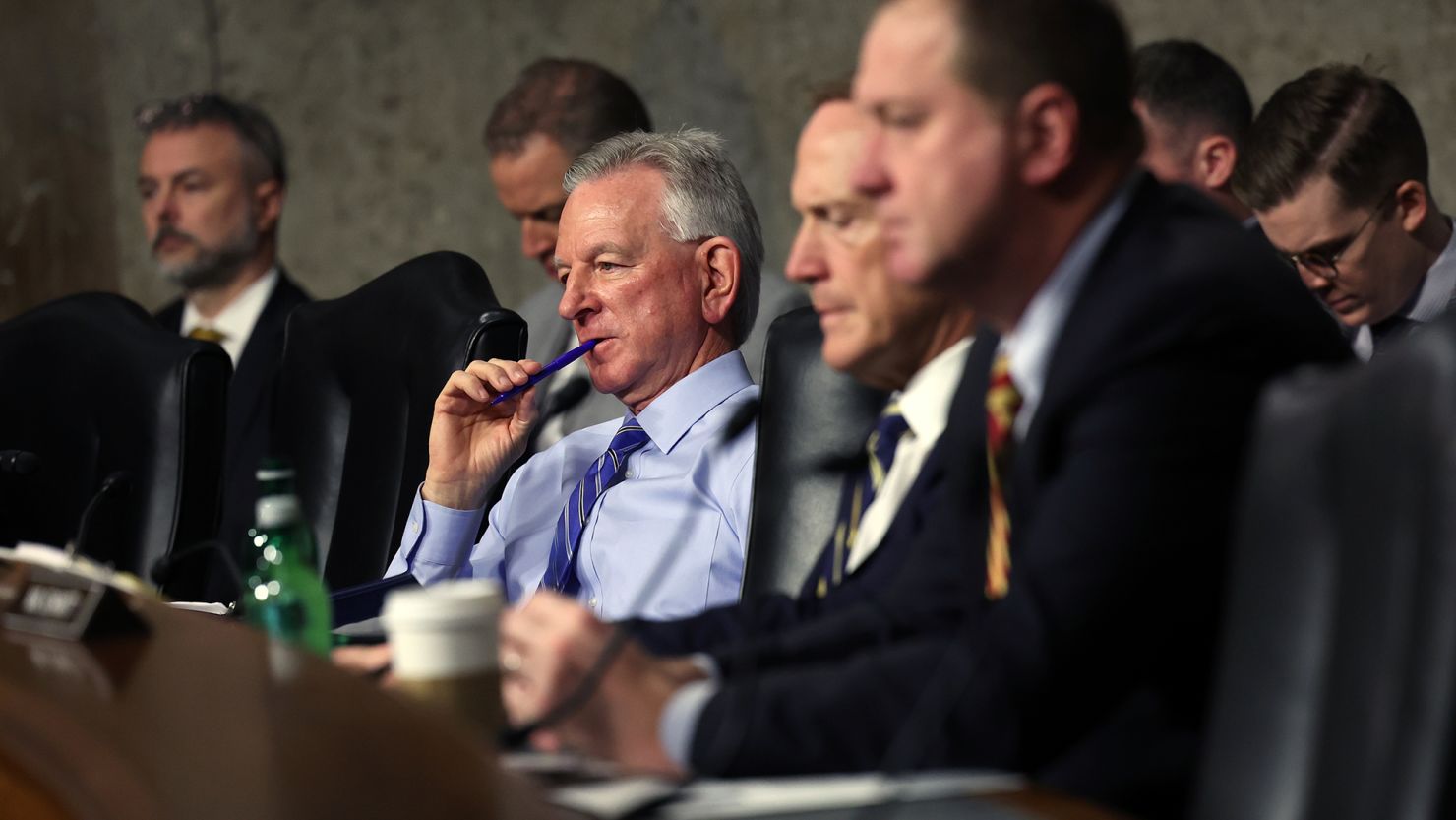 Sen. Tommy Tuberville listens at a Senate Armed Services Committee heating on March 9, 2023