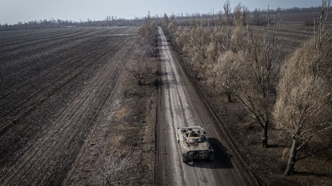 An aerial view of a tank driving along the frontline north of Bakhmut, Ukraine on March 17, 2023.