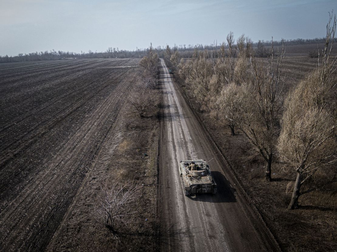 An aerial view of a tank driving along the frontline north of Bakhmut, Ukraine on March 17, 2023.