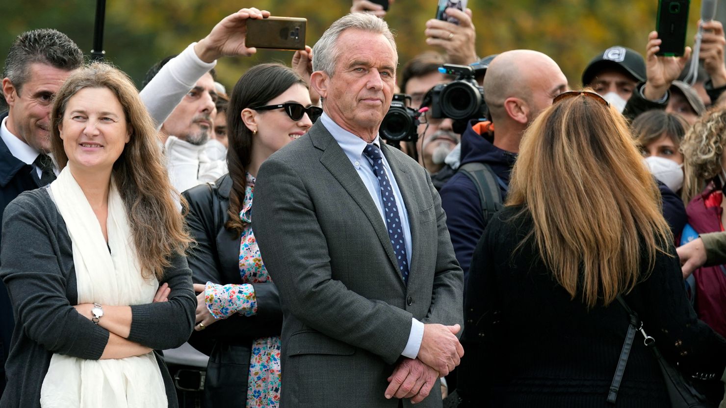 Robert F. Kennedy Jr. participates in a protest against the Covid-19 vaccination green pass in Milan, Italy, on November 13, 2021.