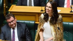 TOPSHOT - Outgoing New Zealand prime minister Jacinda Ardern gives a speech in parliament in Wellington on April 5, 2023. - Ardern bowed out of parliament on April 5, making an impassioned plea during her tearful final speech to "please take the politics out of climate change". (Photo by Mark Coote / AFP) (Photo by MARK COOTE/AFP via Getty Images)