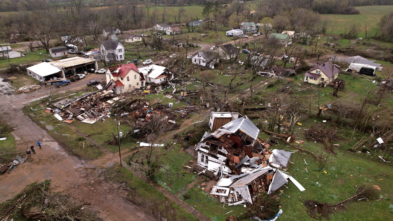 A view of damaged homes in the aftermath of a violent storm system in Glenallen, Missouri, on Wednesday.