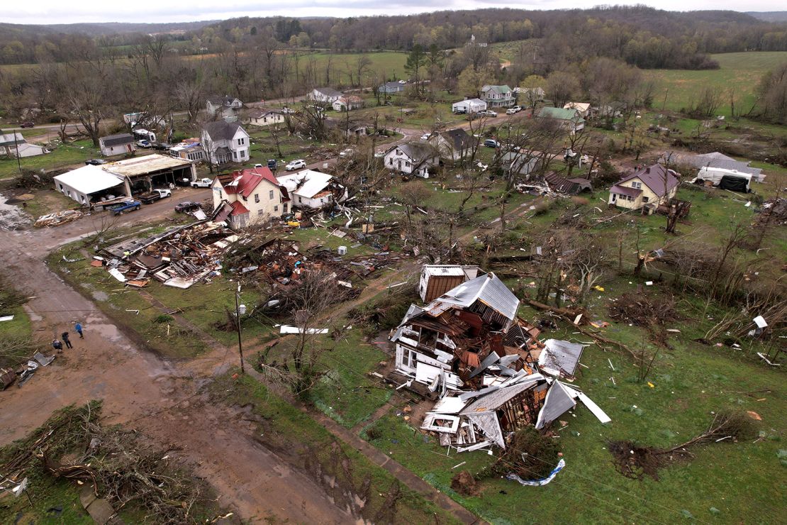 A view of damaged homes in the aftermath of a tornado, after a volatile storm system tore through the South and Midwest on Tuesday and Wednesday, in Glenallen, Missouri, U.S. April 5, 2023. 